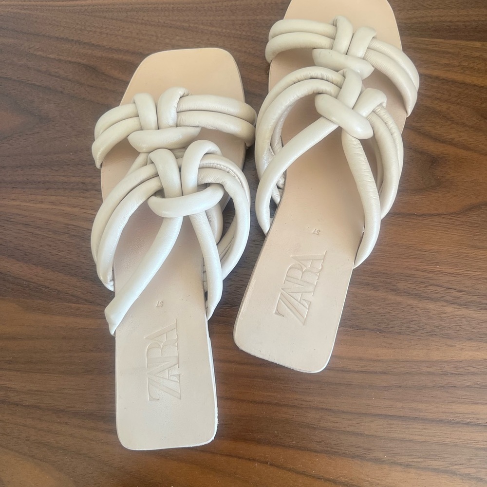 Zara Cream Sandals with Braided Straps and Flat Sole